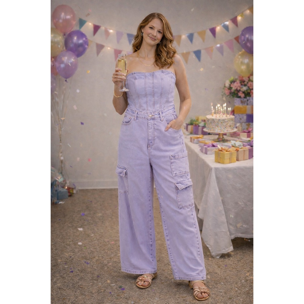 Wide Leg Tube Cargo Pant Y2K Purple Lavender Strapless Denim Pockets S Jumpsuit